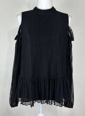RO & DE Black Lace Cold Shoulder Peplum Blouse Women’s Medium Like New